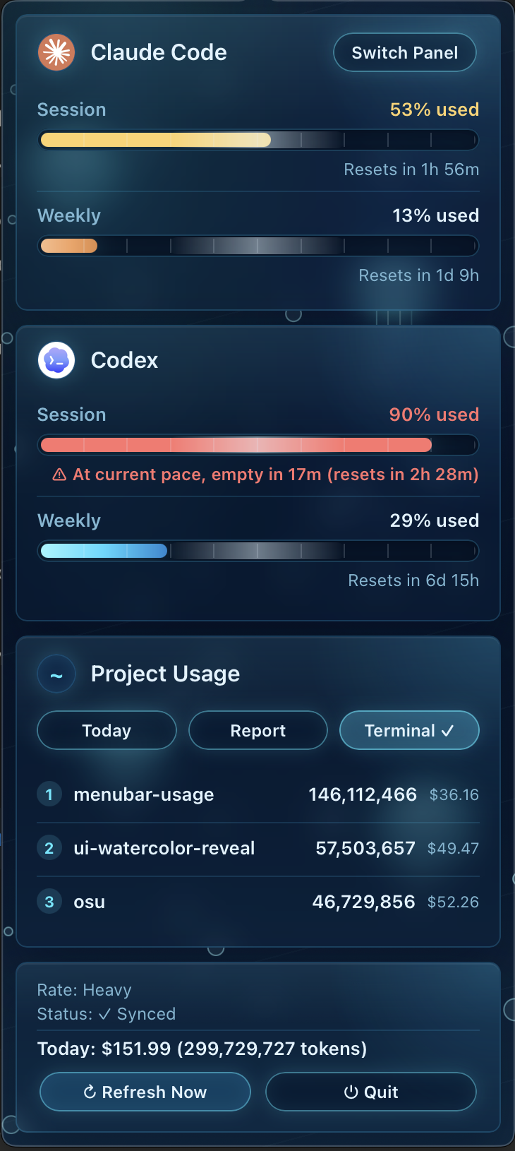 token-usage — pin your Claude Code & Codex quotas to the menu bar