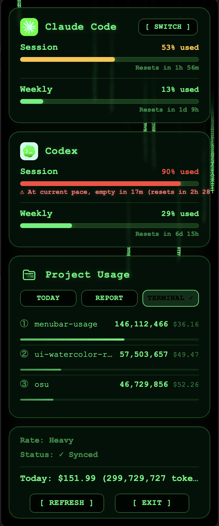 token-usage — pin your Claude Code & Codex quotas to the menu bar